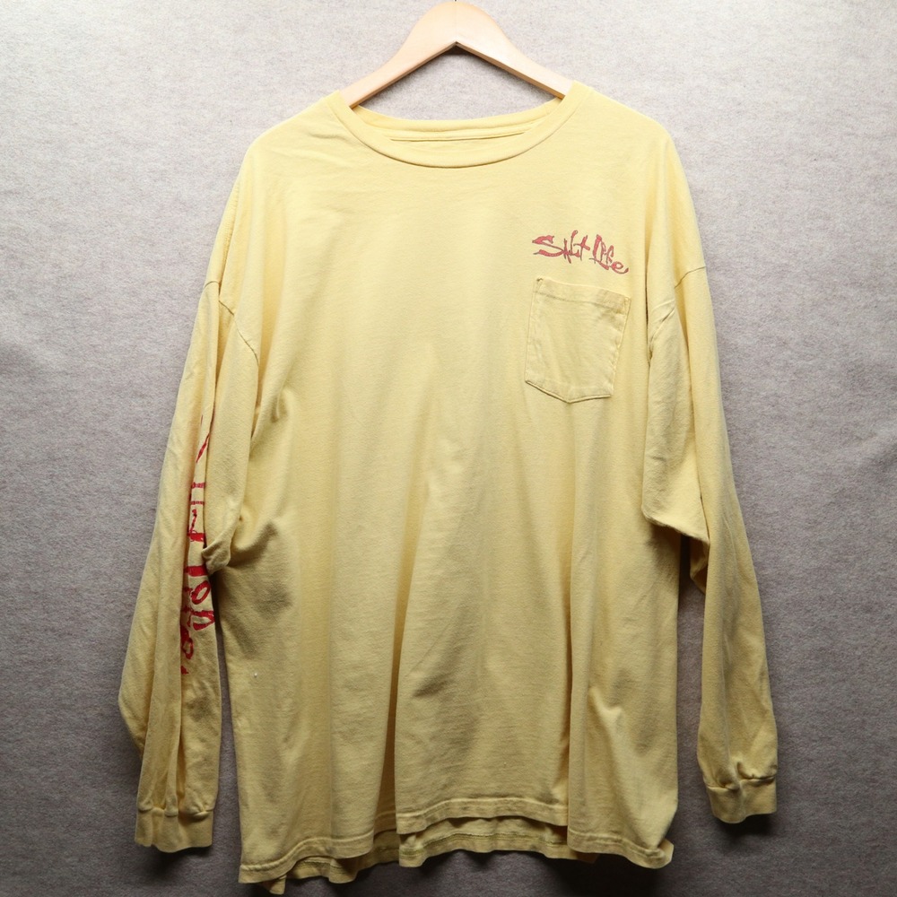 Salt Life Shirt 2XL Yellow Long Sleeve Pocket Whale Tail American Flag Graphic